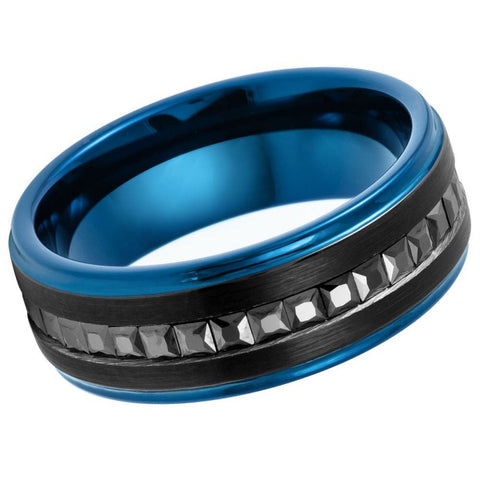 Men's Sapphire Blue Band and Black Brushed with CZ Tungsten Wedding- 8mm Tungsten Ring