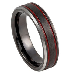 Men's Black Band with Two side Red Stripe Brushed Tungsten Wedding- 6mm Tungsten Ring