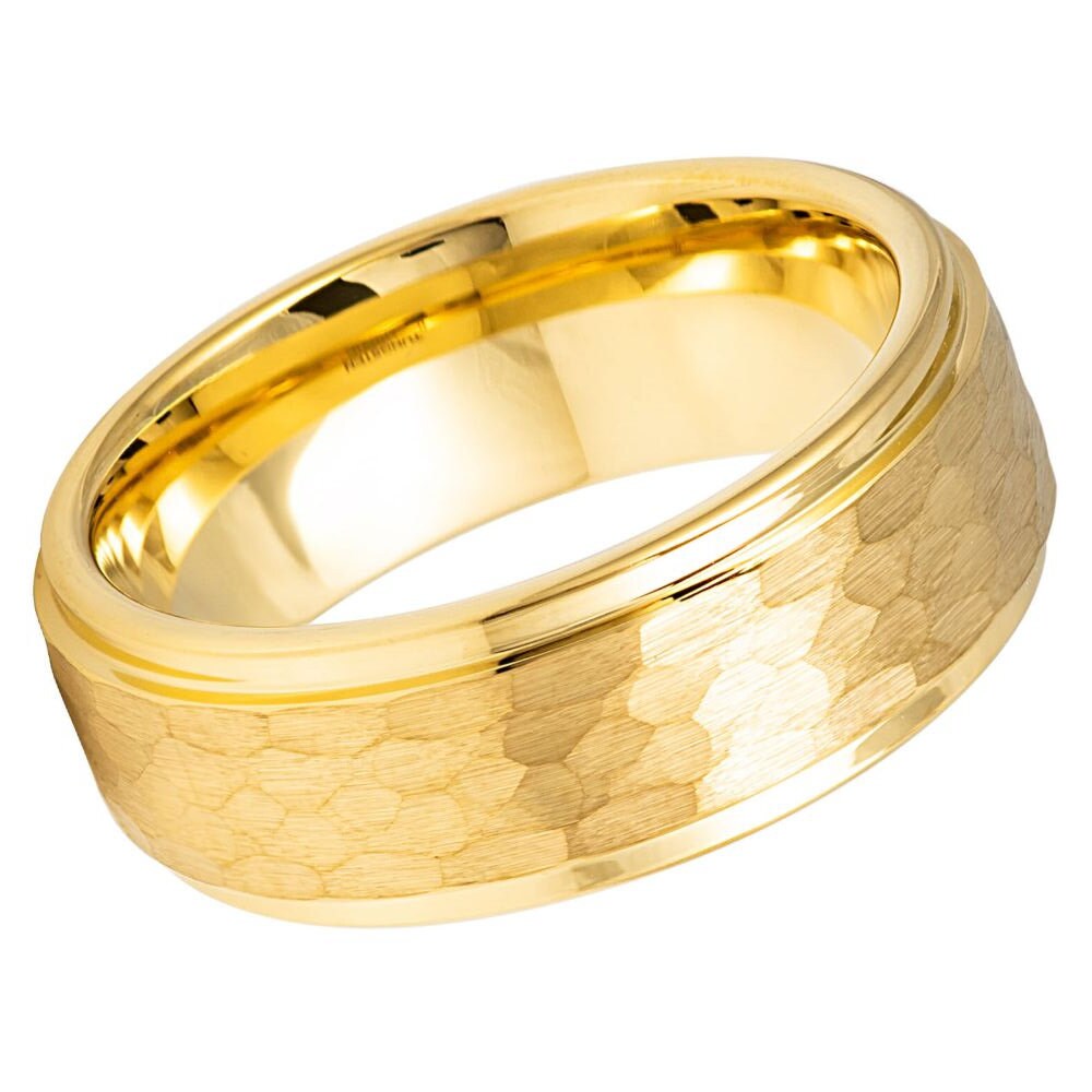 Men's Gold Band with Yellow Gold Hammered Tungsten Engagement- 8mm Tungsten Ring