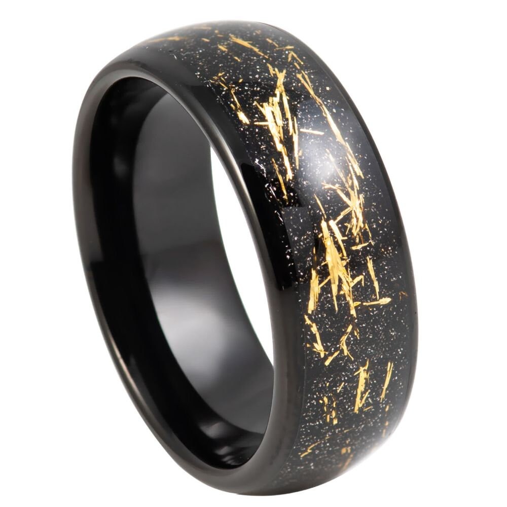 Men's Black Band with Black/Gold Marble Opal Inlay Tungsten Engagement- 8mm Engraved Tungsten Ring