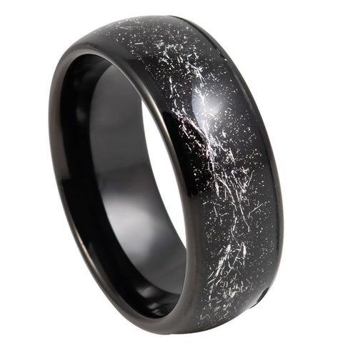 Men's Black Band with Black/White Marble Opal Inlay Tungsten Engagement- 8mm Tungsten Ring