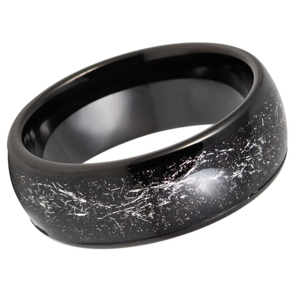 Men's Black Band with Black/White Marble Opal Inlay Tungsten Engagement- 8mm Tungsten Ring