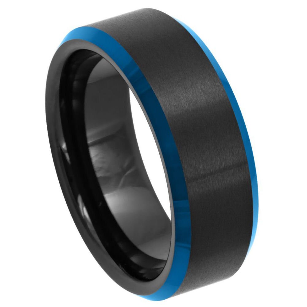 Men's Black Band with Sapphire Blue/Black Brushed Tungsten Anniversary- 8mm Tungsten Ring