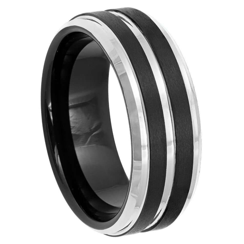 Men's Grey and Black Band with Black Brushed Tungsten Engagement- 8mm Tungsten Ring