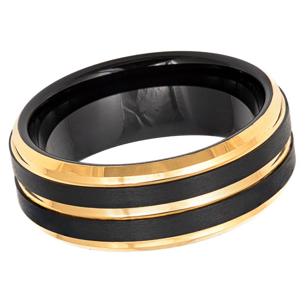 Men's Gold and Black Band with Black Brushed Tungsten Wedding- 8mm Tungsten Ring