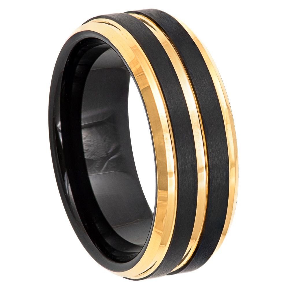 Men's Gold and Black Band with Black Brushed Tungsten Wedding- 8mm Tungsten Ring