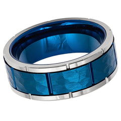 Men's Sapphire Blue Band Silver Outline with Sapphire Blue Square Hammered Tungsten Engagement- 8mm Tungsten Ring