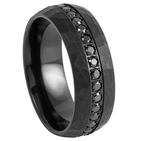 Men's Black Band and Black Brushed Hammered with CZ Tungsten Anniversary- 8mm Tungsten Ring