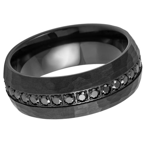 Men's Black Band and Black Brushed Hammered with CZ Tungsten Anniversary- 8mm Tungsten Ring