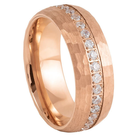 Men's Rose Gold Band and Rose Gold Brushed Hammered with White CZ Tungsten Wedding- 8mm Tungsten Ring