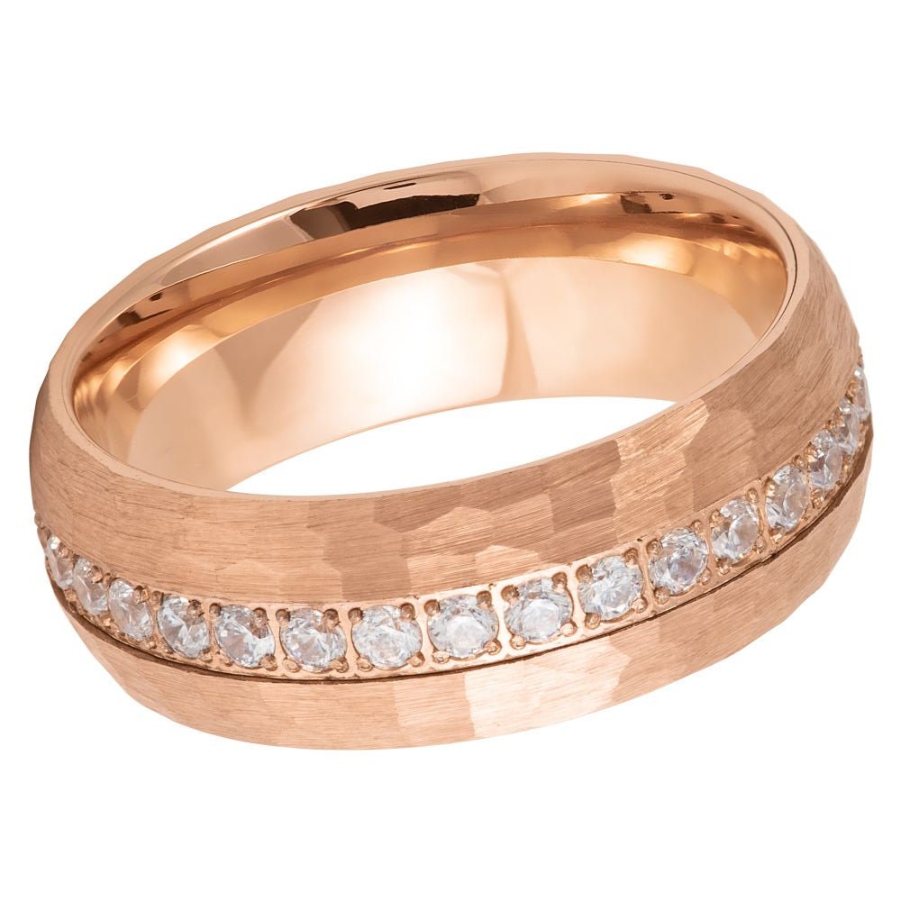 Men's Rose Gold Band and Rose Gold Brushed Hammered with White CZ Tungsten Wedding- 8mm Tungsten Ring