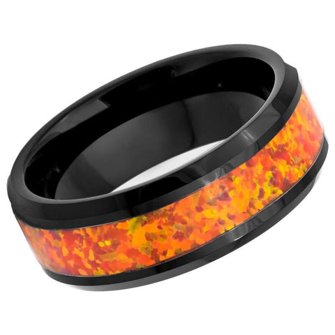 Men's Thunder Black with Tangerine Orange Opal Tungsten Engagement- 8mm Tungsten Ring