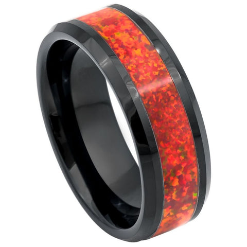 Men's Thunder Black with Autumn Color Opal Inlay Engagement Tungsten- 8mm Tungsten Ring