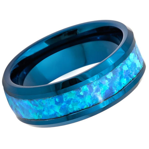 Men's Domed Classic Frosty Blue Band with Blue Opal Inlay Anniversary Tungsten- 8mm Tungsten Ring