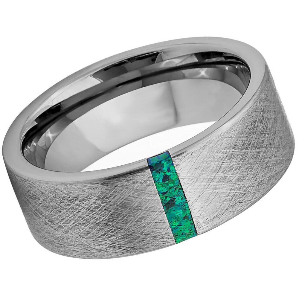 Men's Ice Finish Center with Synthetic Lime Green Opal Bar Inlay Anniversary Tungsten- 8mm Tungsten Ring