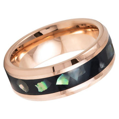 Men's Beveled Rose Gold Band with Emerald Green and Black Tungsten Anniversary- 8mm Tungsten Ring