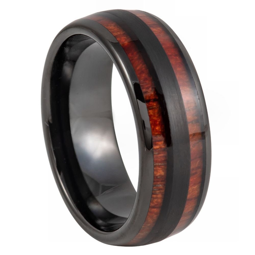 Men's Dapper Black Tungsten Tungsten Ring with Double Koa Wood Inlay Tungsten- 8mm Engraved Tungsten Ring