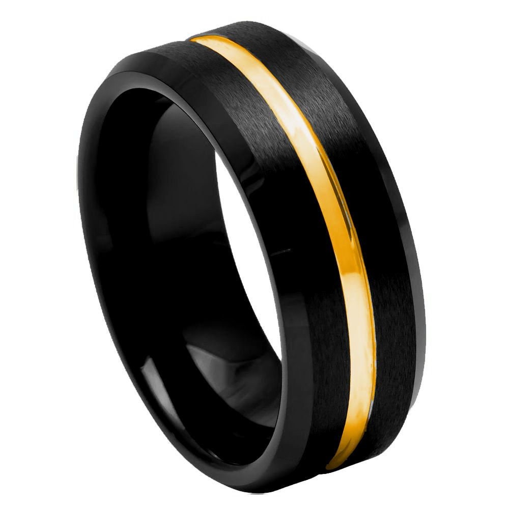 Men's Senna Black Band with Gold Grooved Tungsten Anniversary- 8mm Engraved Tungsten Ring