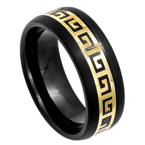 Men's Black Tungsten Wedding Band with Gold Fiber Inlay & Polished Beveled Edges- 8mm Engraved Tungsten Ring