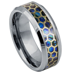 Men's Cadmus Silver with Ceramic Blue Inlay Wedding Tungsten- 8mm Engraved Tungsten Ring