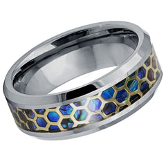 Men's Cadmus Silver with Ceramic Blue Inlay Wedding Tungsten- 8mm Engraved Tungsten Ring