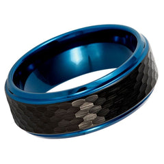 Men's Supra Black Hammered and Blue Inside Shining Finish Tungsten Ring with Beveled Edges Wedding Tungsten Tungsten Ring- 8mm Engraved Tungsten Ring