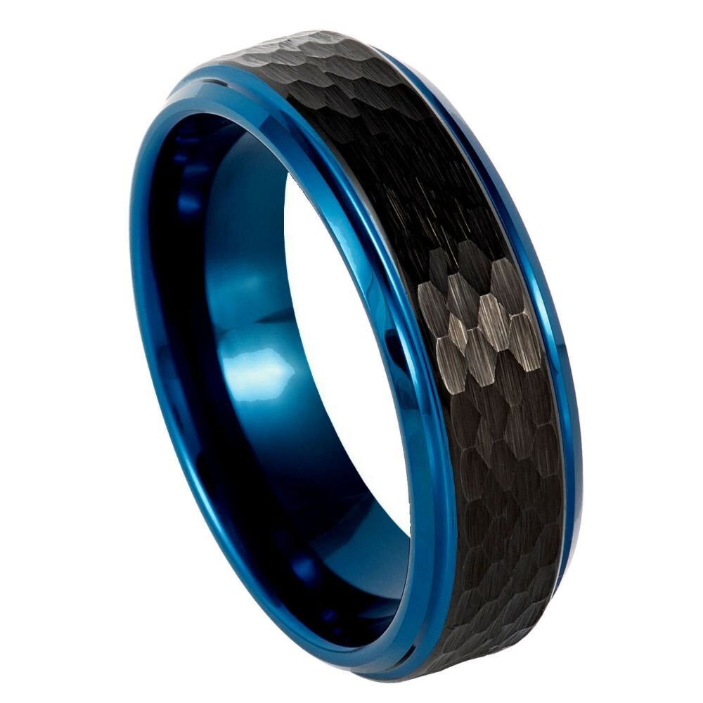 Men's Supra Black Hammered With Blue Inside Shining Finish Tungsten Ring Beveled Edges Wedding Tungsten- 6mm Engraved Tungsten Ring