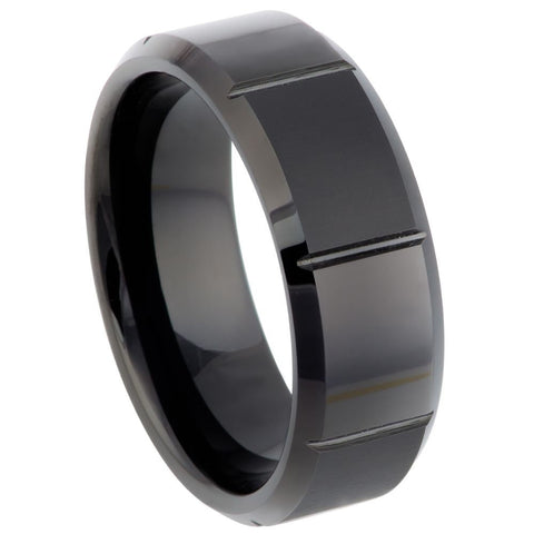 Men's Black With Fine Lines In Center Wedding Tungsten- 8mm Engraved Tungsten Ring