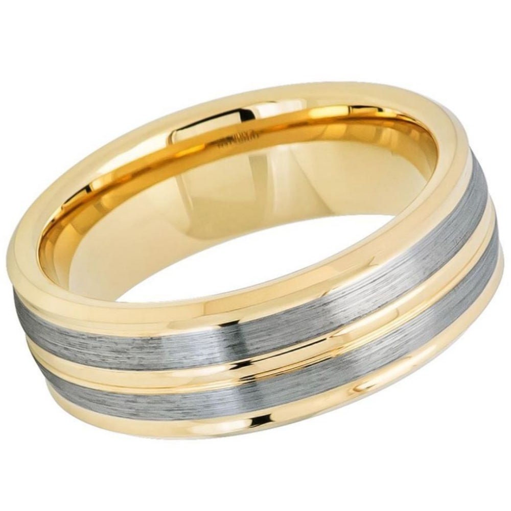 Men's Tungsten Yellow Gold Grey Brushed Polished Wedding Band- 8mm Engraved Tungsten Ring