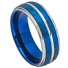 Men's Tungsten Hammered Blue Silver Polished Wedding Band- 8mm Engraved Tungsten Ring