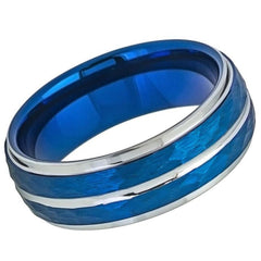 Men's Tungsten Hammered Blue Silver Polished Wedding Band- 8mm Engraved Tungsten Ring