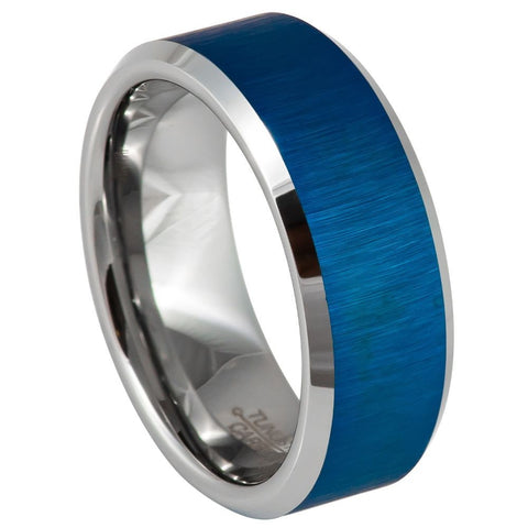 Men's Blue Tungsten Wedding Band Silver Brushed Carbide- 8mm Engraved Tungsten Ring