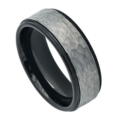 Men's Hammered Wedding Band Gray Brushed Tungsten Black Carbide- 8mm Engraved Tungsten Ring