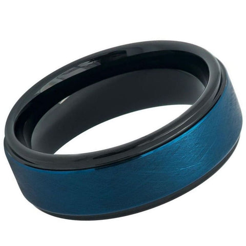 Men's Blue And Black Tungsten Carbide Brushed- 8mm Engraved Tungsten Ring