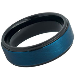 Men's Blue And Black Tungsten Carbide Brushed- 8mm Engraved Tungsten Ring