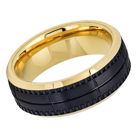 Men's Black Tungsten With Yellow Gold Wedding Band Carbide- 8mm Engraved Tungsten Ring