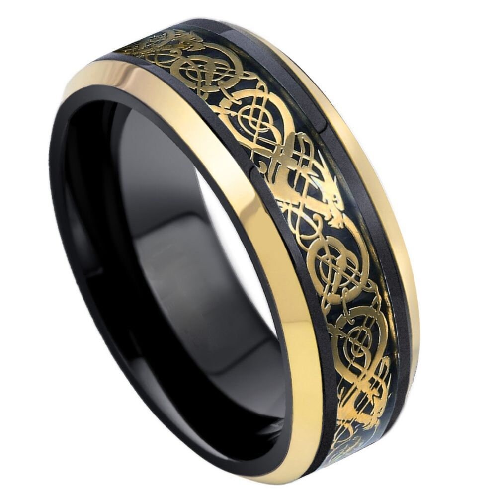 Unisex Tungsten Black And Yellow Gold Plated Celtic Design Inlay Bevel Edge- 8mm Engraved Tungsten Ring
