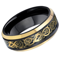 Unisex Tungsten Black And Yellow Gold Plated Celtic Design Inlay Bevel Edge- 8mm Engraved Tungsten Ring