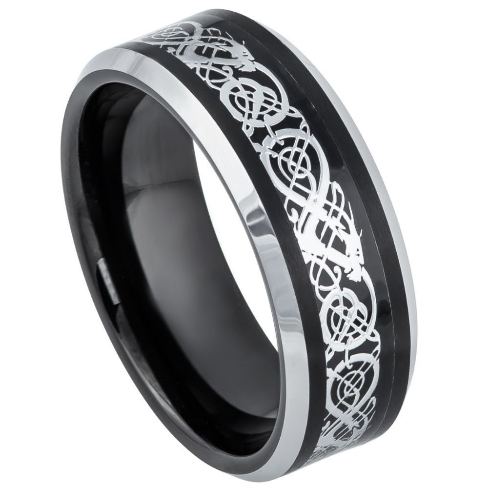 Unisex Tungsten Black And Silver Plated Celtic Design Inlay Bevel Edge- 8mm Engraved Tungsten Ring