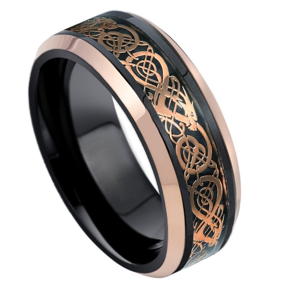 Unisex Tungsten Black And Rose Gold Plated Celtic Design Inlay Bevel Edge- 8mm Engraved Tungsten Ring