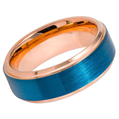 Men's Blue Band and Rose Gold outline Blue Brushed with Black CZ Tungsten Anniversary- 8mm Tungsten Ring