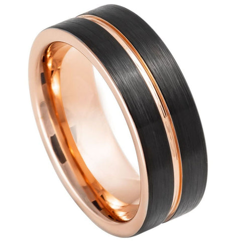 Men's Rose Gold And Black Grooved Wedding Band with Beveled Edges Tungsten Anniversary- 8mm Tungsten Ring