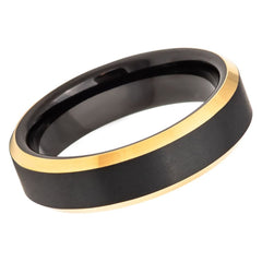 Men's Black Tungsten Wedding Band with Brushed Center With Yellow Gold Polished Stepped Edges- 6mm Tungsten Ring