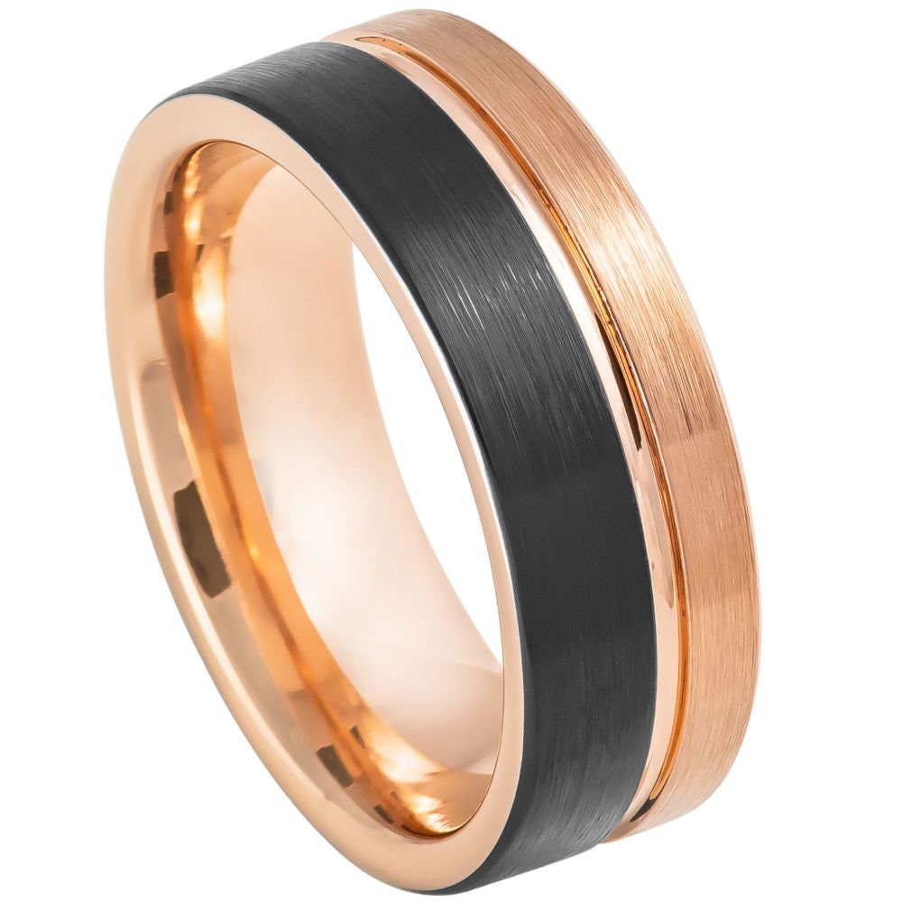 Men's Rose Gold Tungsten Band with Black Carbon Fiber Inlay- 8mm Tungsten Ring