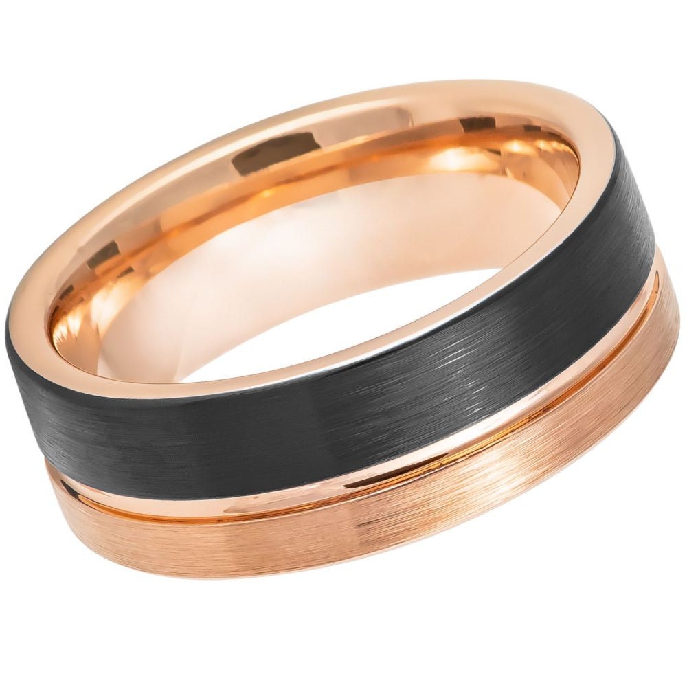 Men's Rose Gold Tungsten Band with Black Carbon Fiber Inlay- 8mm Tungsten Ring