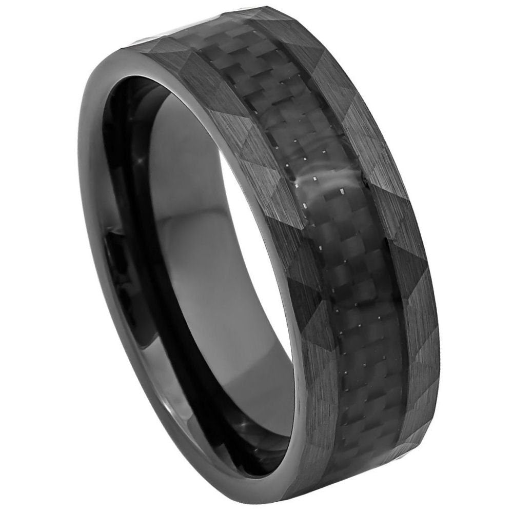 Men's Black Hammer Finish Tungsten Wedding Band with Stepped Edges- 8mm Tungsten Ring