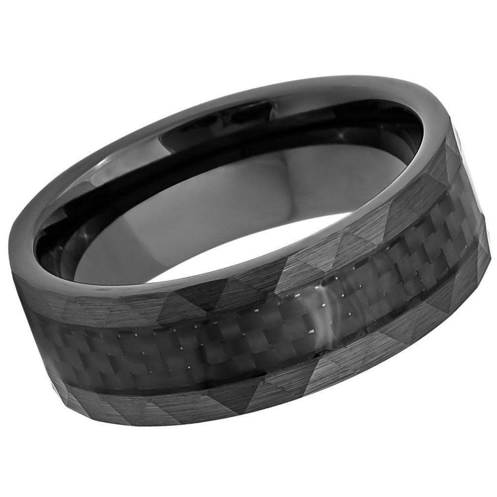 Men's Black Hammer Finish Tungsten Wedding Band with Stepped Edges- 8mm Tungsten Ring