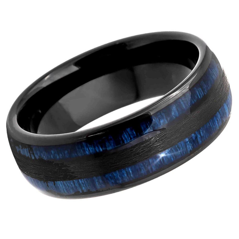 Men's Harlo Blue Tungsten Wedding Band with Black Groove in Center & Step Edges- 8mm Tungsten Ring