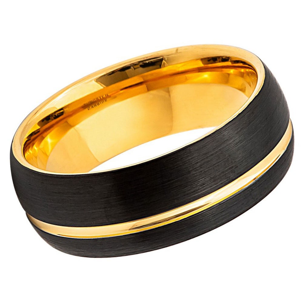 Men's Black Tungsten Wedding Band with Yellow Gold Inside Groove Step Edges- 8mm Tungsten Ring