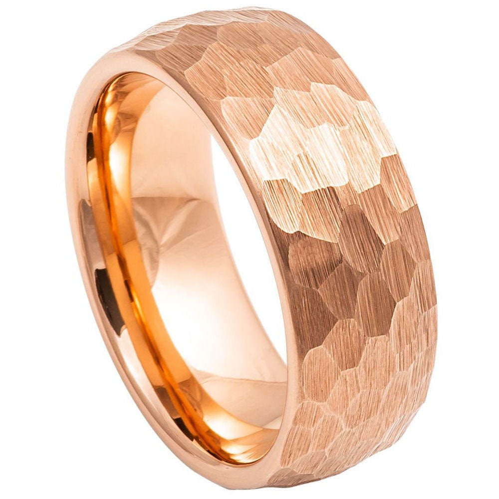Men's Domed Tungsten Hammered Rose Gold Wedding Tungsten Ring with Sandblasted Crystalline Finish- 8mm Tungsten Ring